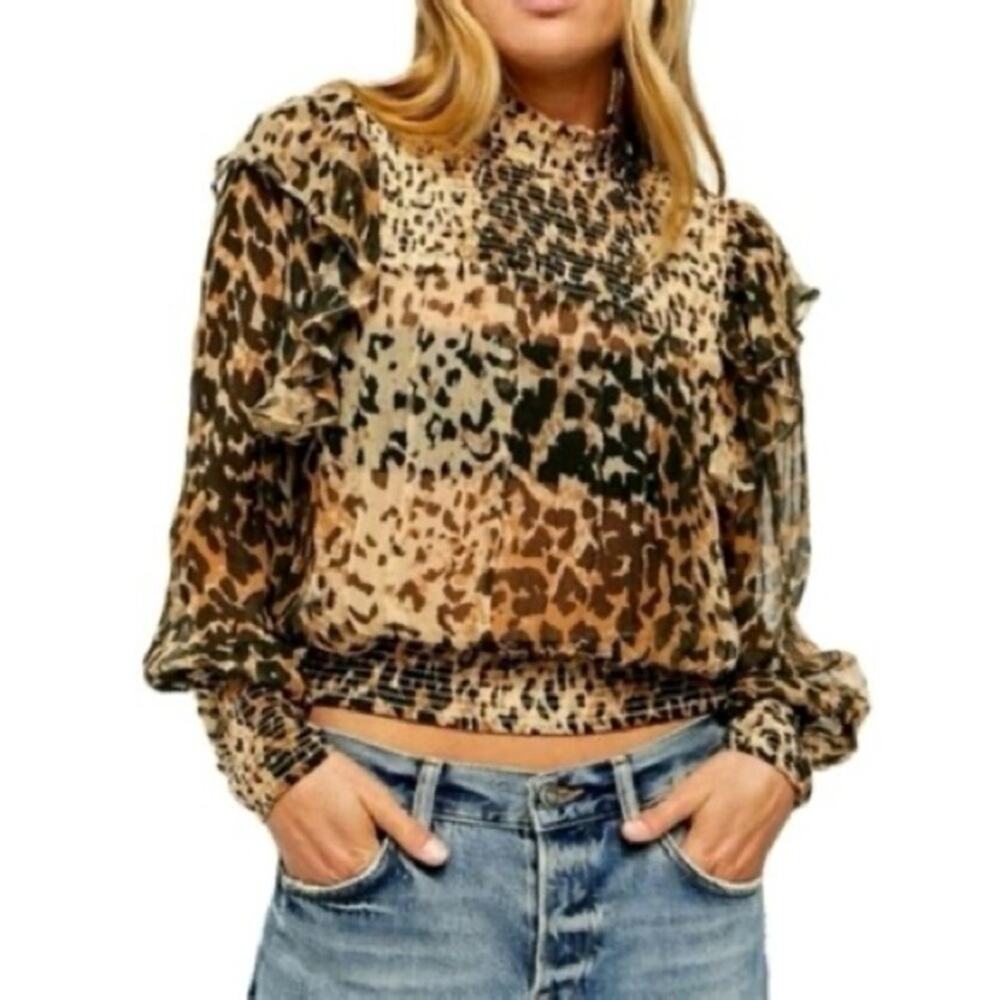 Free People Women's Smocked Sheer Leopard Ruffle Blouse- Dark Glam Whimsigoth-XS
